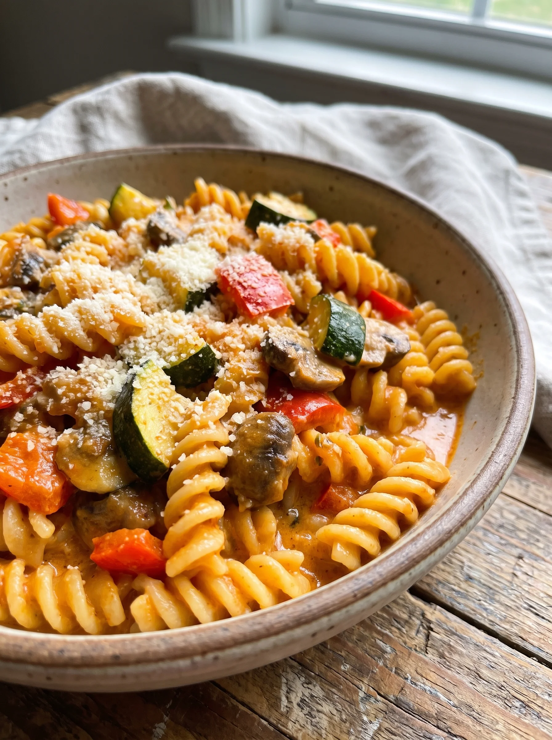 Close-up of a bowl of vibrant, cheesy one-pot veggie pasta with fresh vegetables