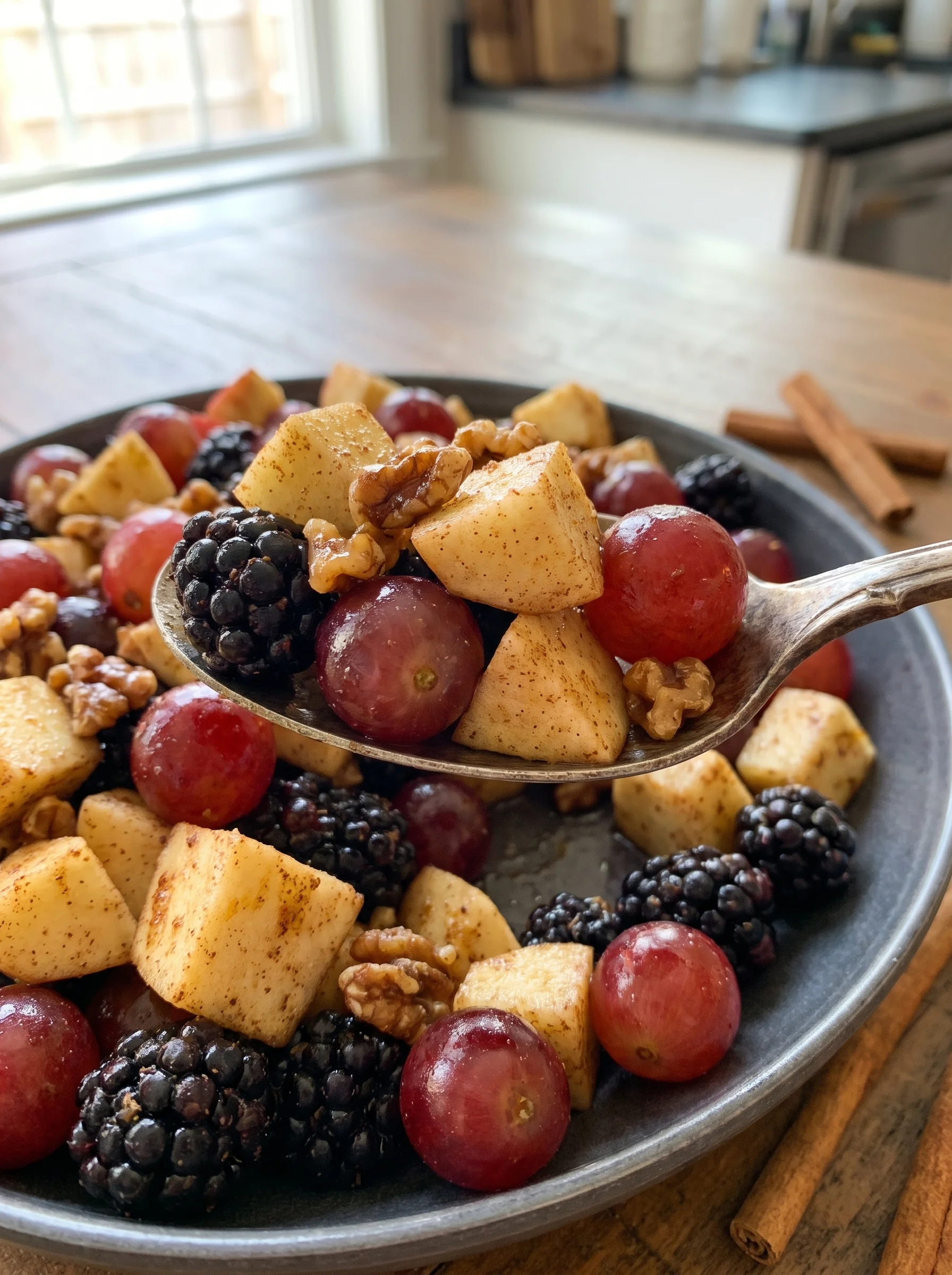 Fresh autumn fruit salad with apples, blackberries, grapes, and pecans topped with cinnamon orange dressing