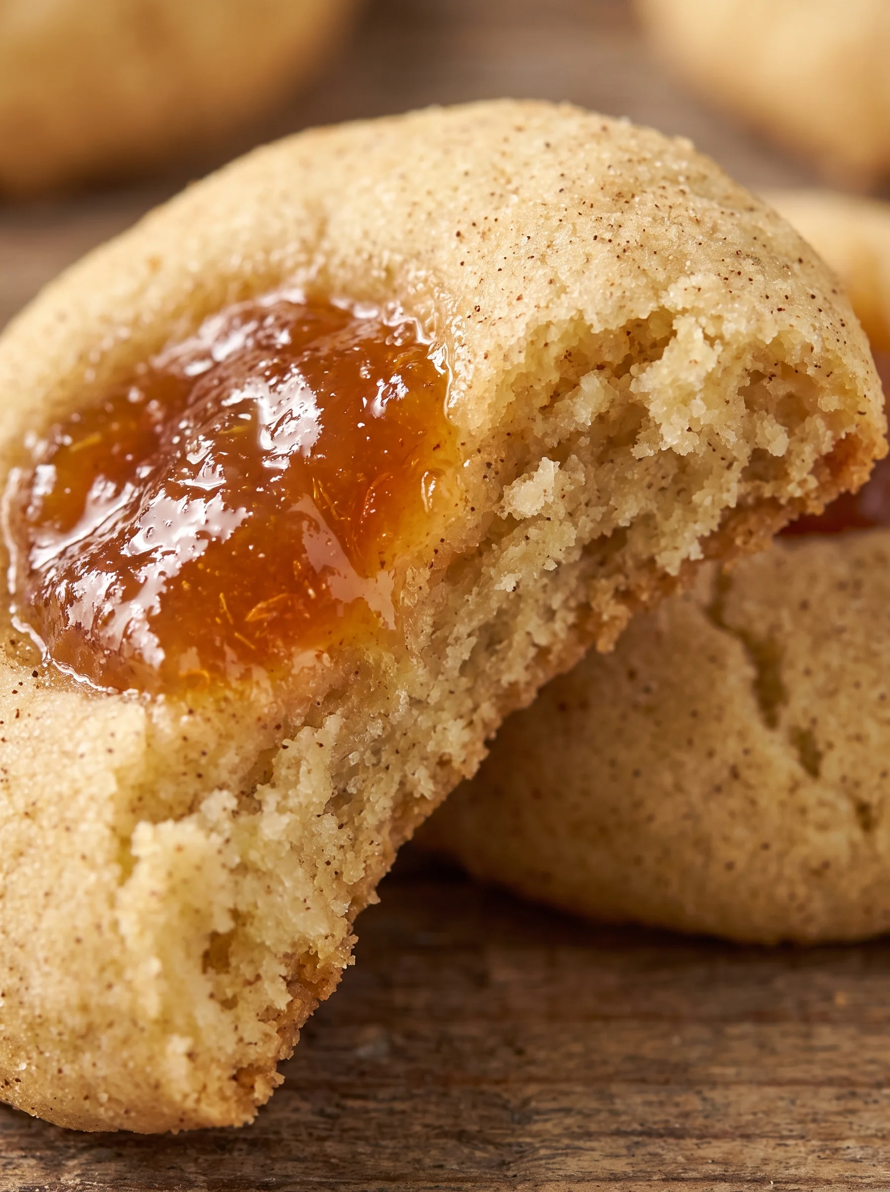 Close-up of a soft, golden thumbprint cookie with apple butter filling.