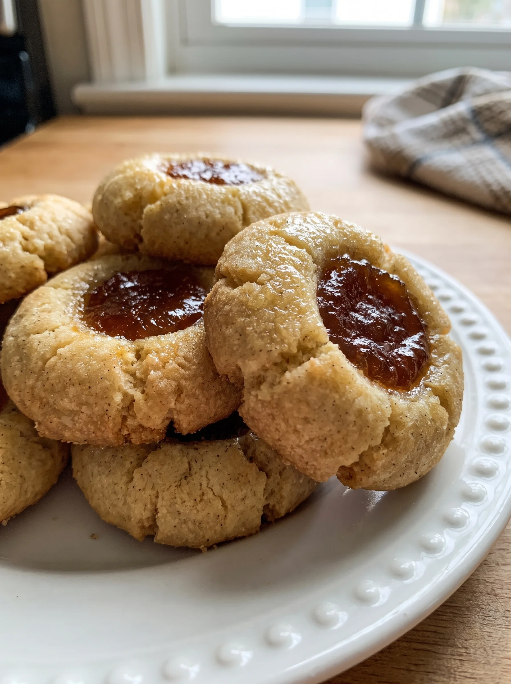 Close-up of freshly baked apple butter thumbprint cookies on a white plate.