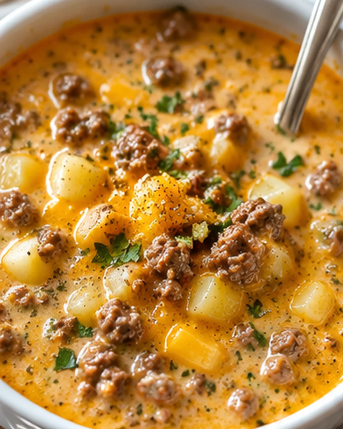 Creamy and comforting hamburger potato soup in a white bowl, topped with herbs.