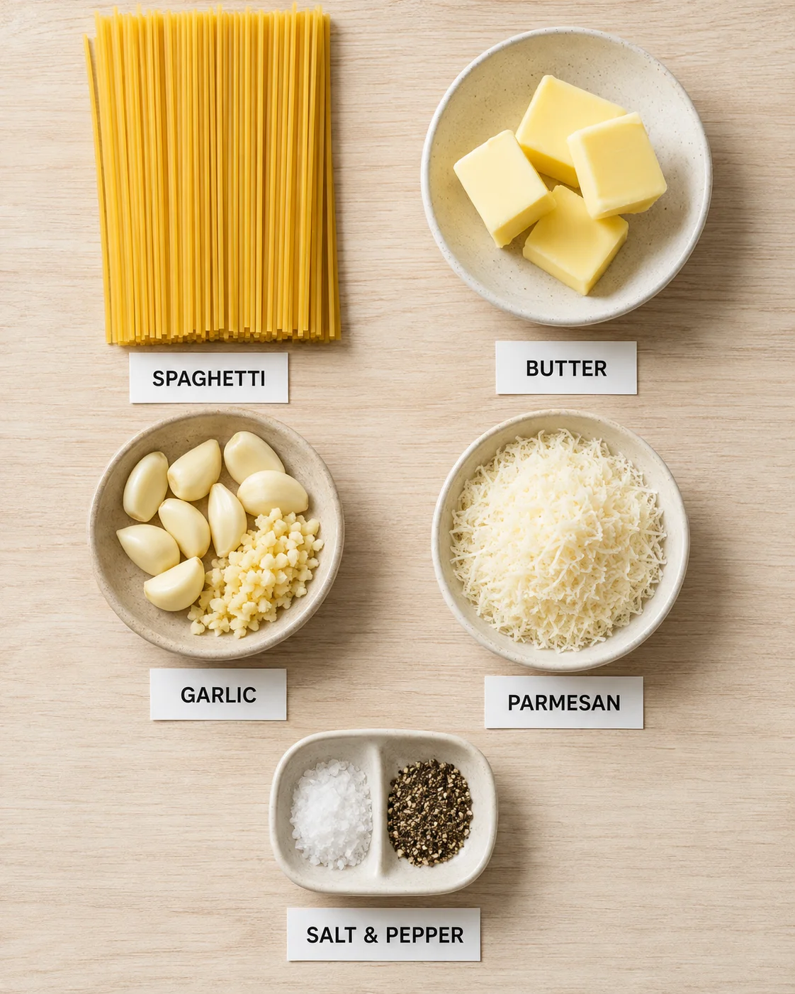 Bowls of pasta, garlic, butter, Parmesan, and seasonings on a light wooden surface.