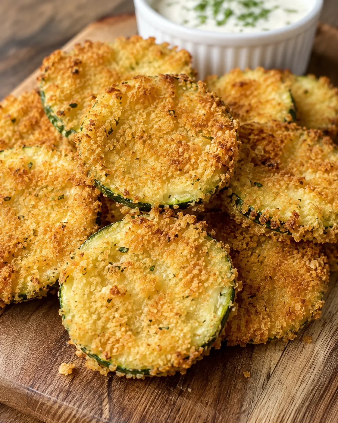 Golden, crispy zucchini chips with breaded panko-Parmesan crust served on a wooden board.