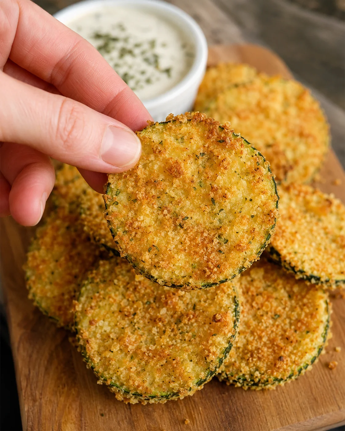 Golden, crispy zucchini chips with a crunchy panko-Parmesan crust, served warm with dip.
