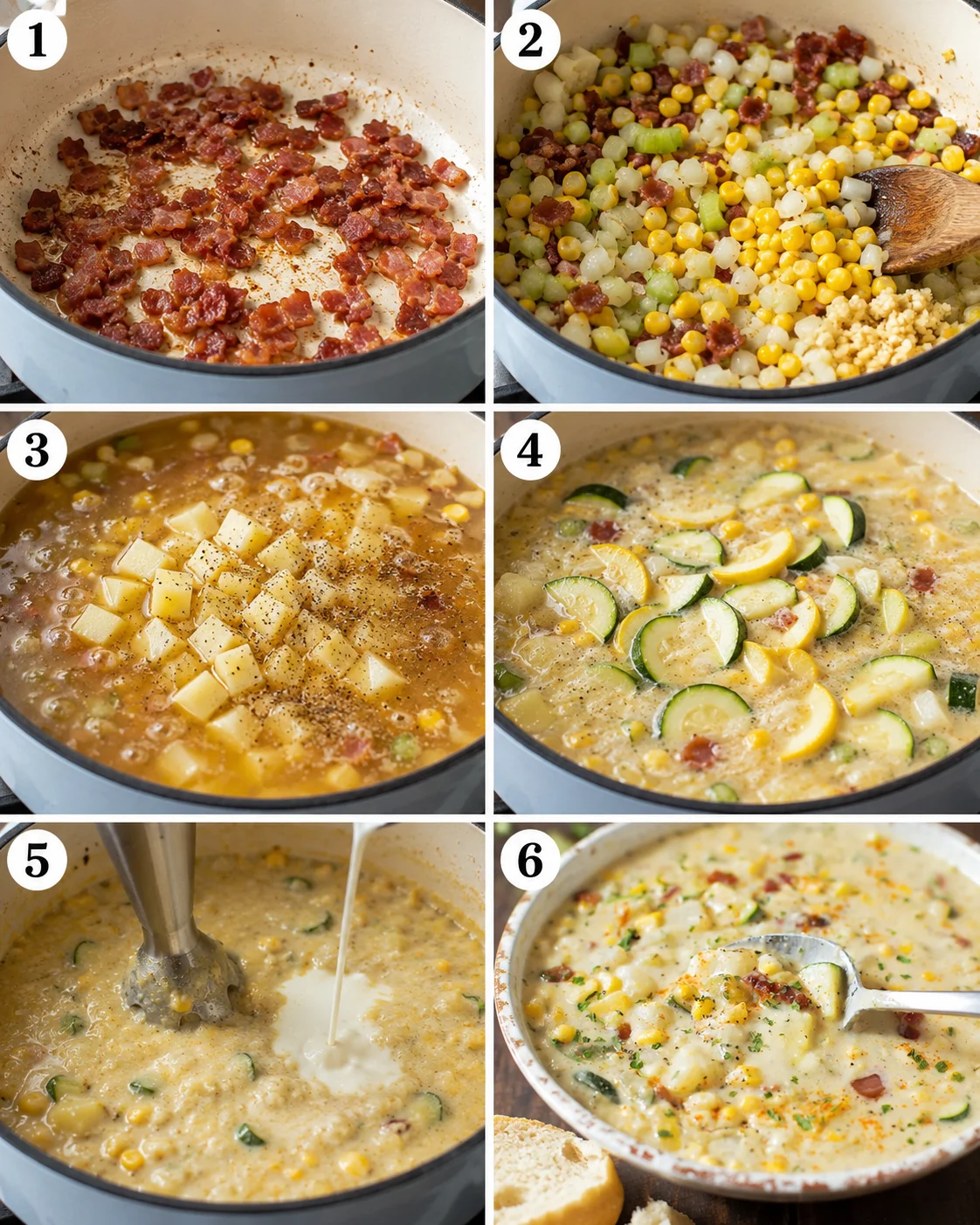 Creamy vegetable-packed chowder with corn, zucchini, and bacon in a pot