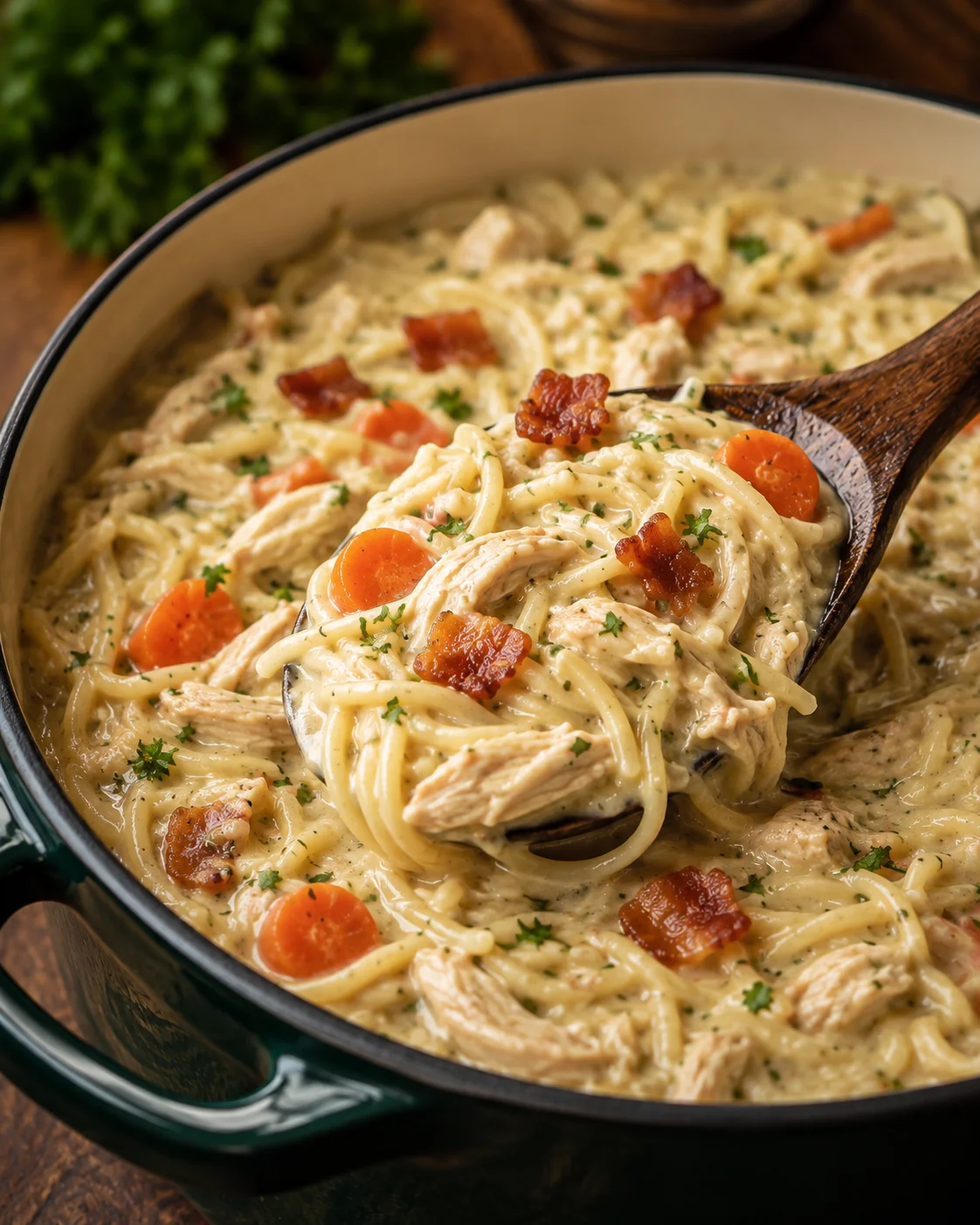 A close-up of hearty chicken noodle soup topped with bacon and herbs in a pot
