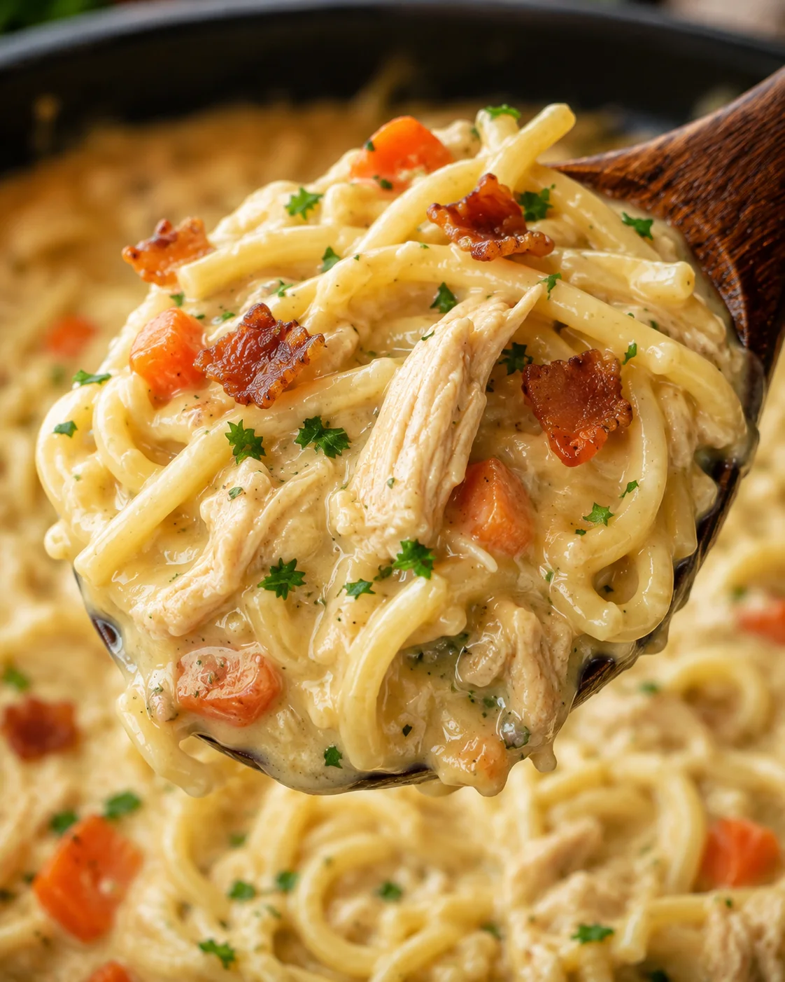 Creamy chicken noodle soup topped with bacon and parsley in a bowl
