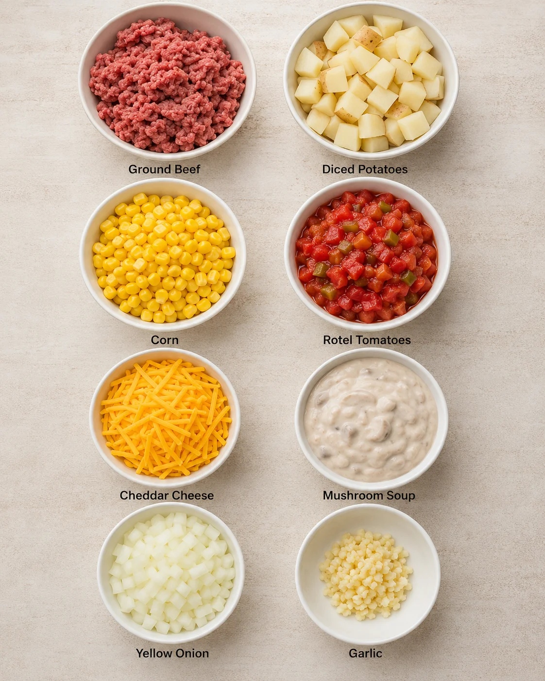 Bowl of seasoned ground beef, diced potatoes, corn, and diced tomatoes ready for cooking.