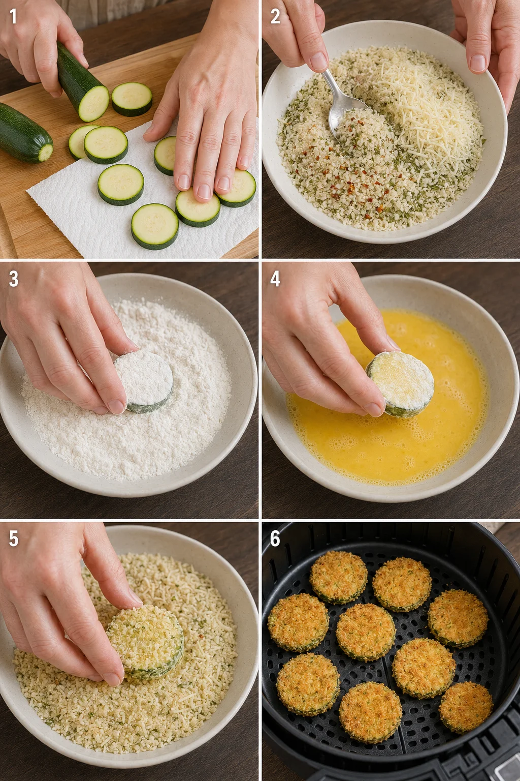 Preparation steps for crunchy zucchini chips with breading and air frying process