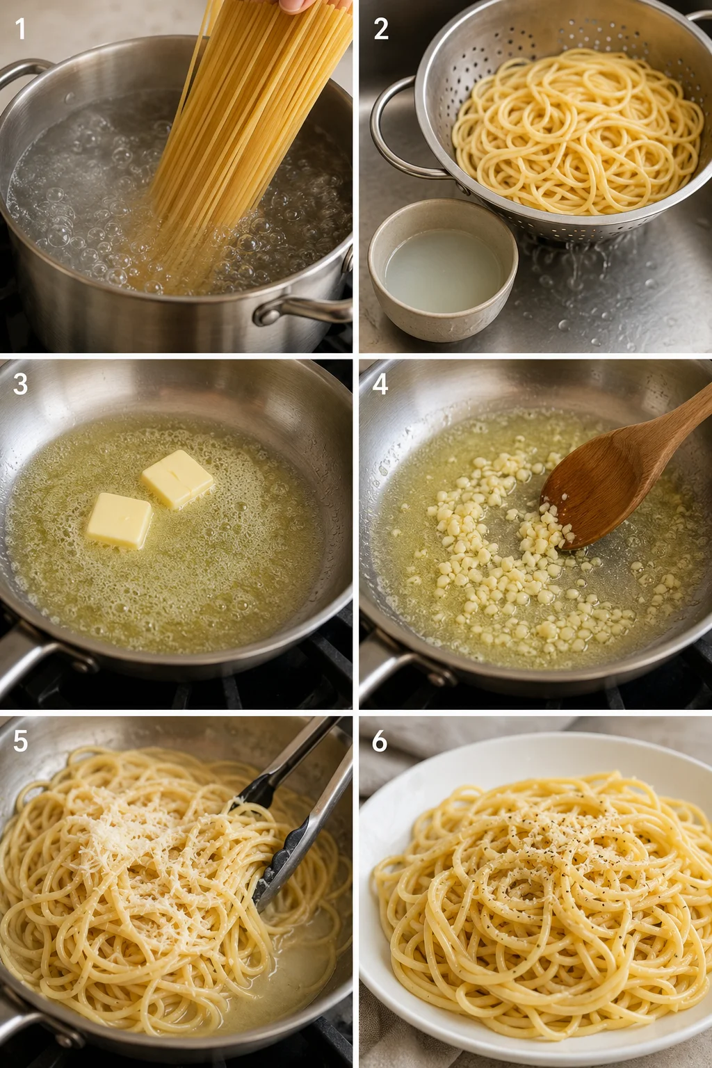 Step-by-step photos showing the process of making garlic butter noodles.
