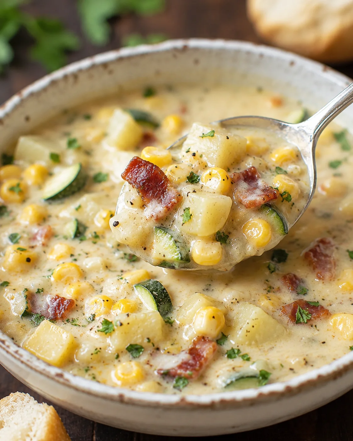 Creamy vegetable-packed corn and zucchini chowder served in a rustic bowl.