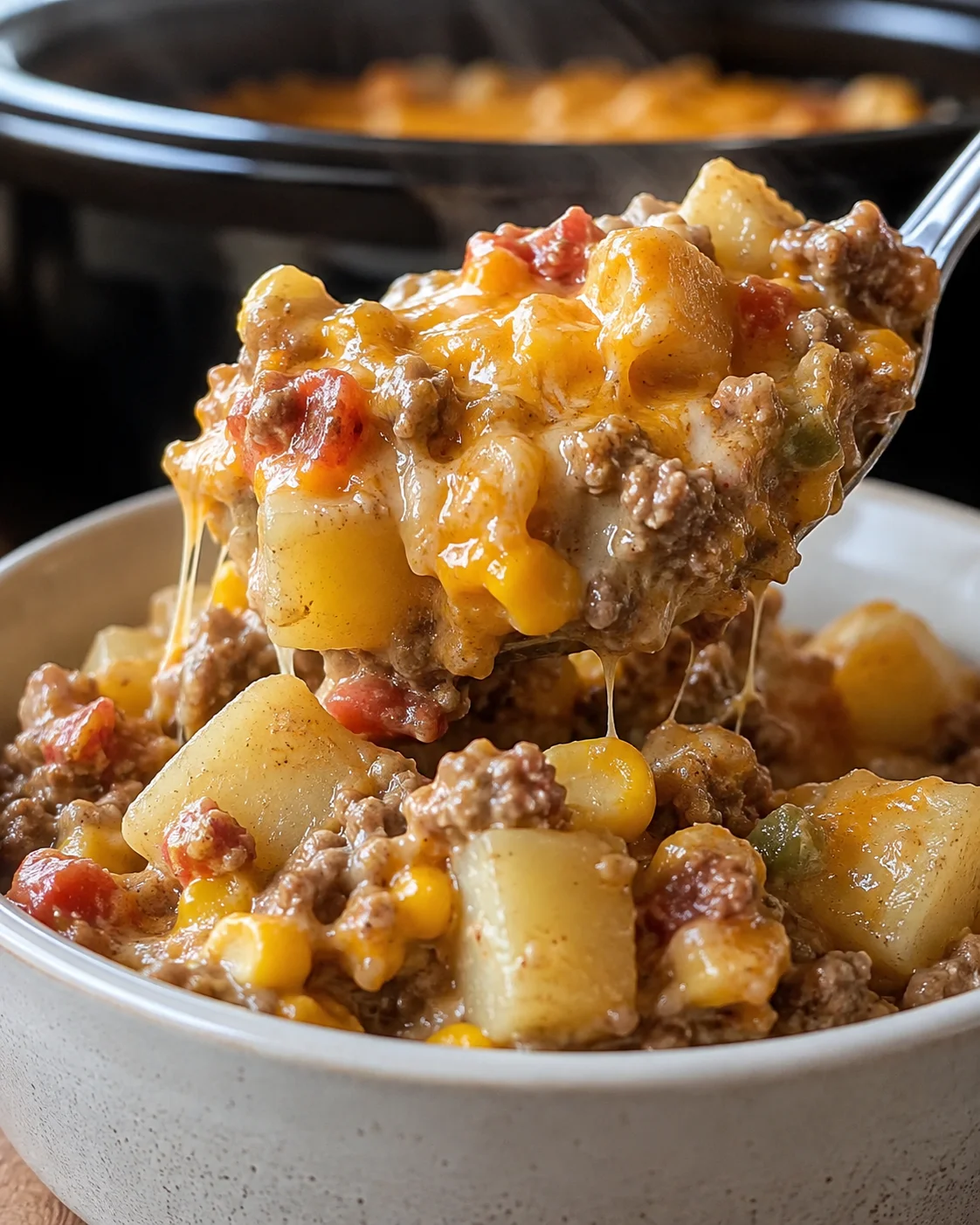 Hearty and cheesy cowboy potato casserole served in a bowl with cheesy topping