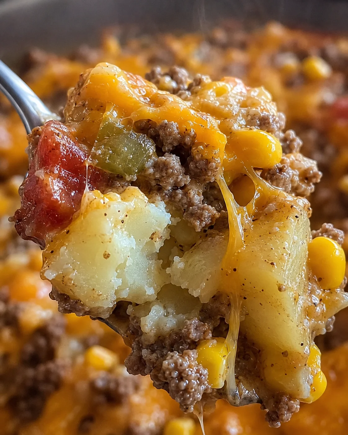 Close-up of cheesy cowboy potato casserole with beef and vegetables on spoon