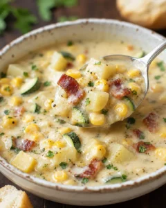 Creamy vegetable-packed corn and zucchini chowder served in a rustic bowl.