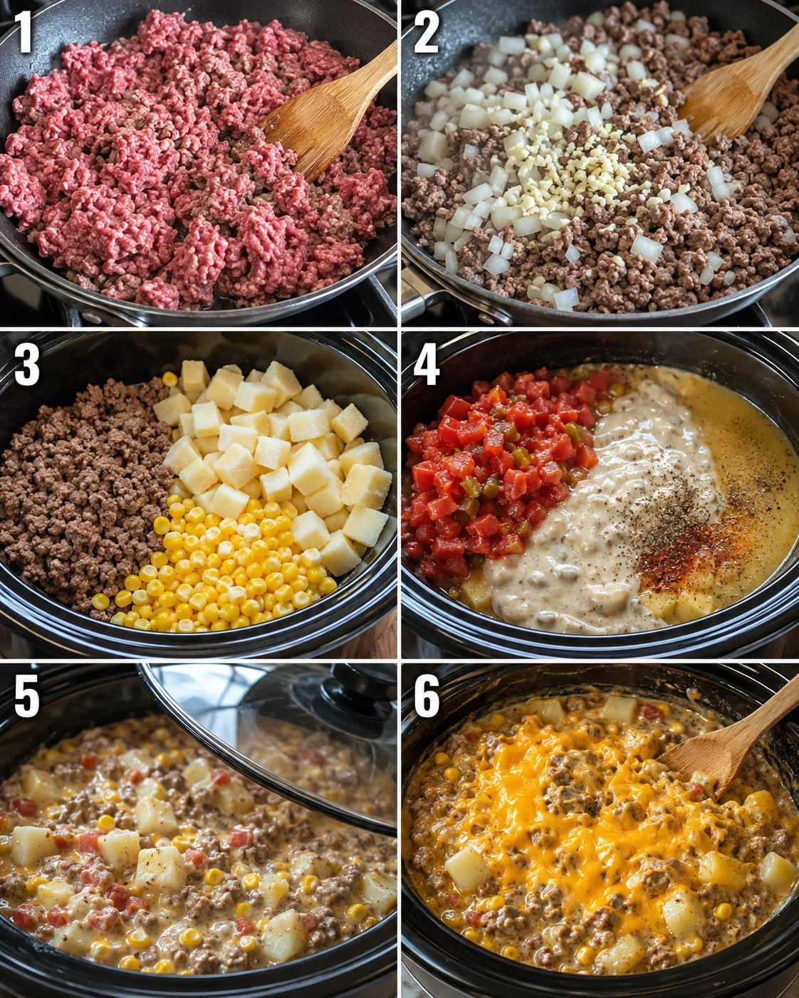 Delicious slow cooker cowboy potato casserole with beef, potatoes, and cheese.