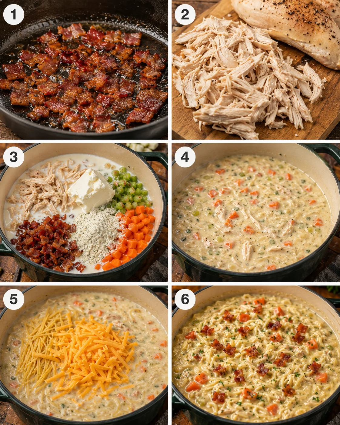 Step-by-step images of making chicken noodle soup with bacon and cheese
