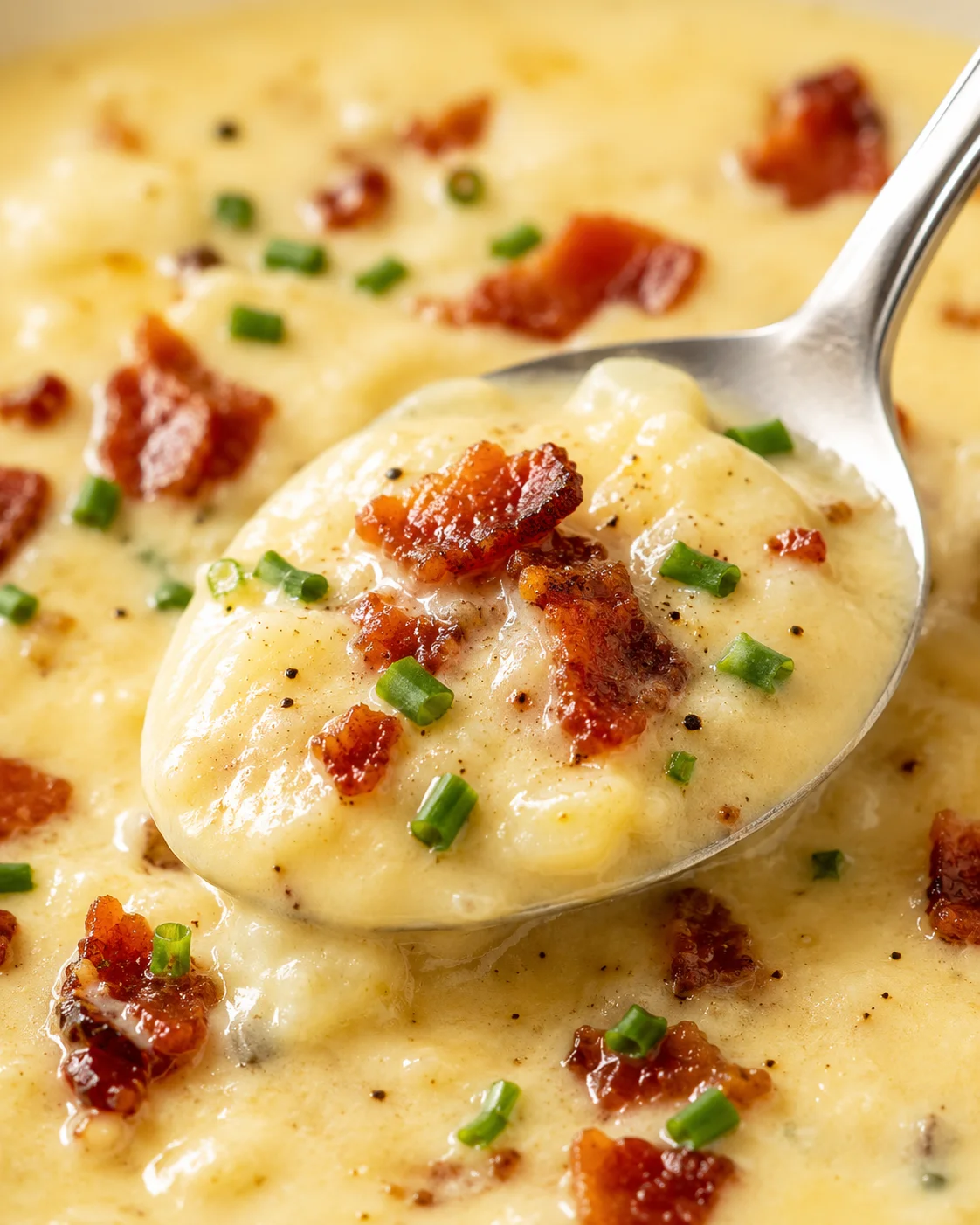 Close-up spoonful of baked potato soup garnished with bacon crumbles and chives.