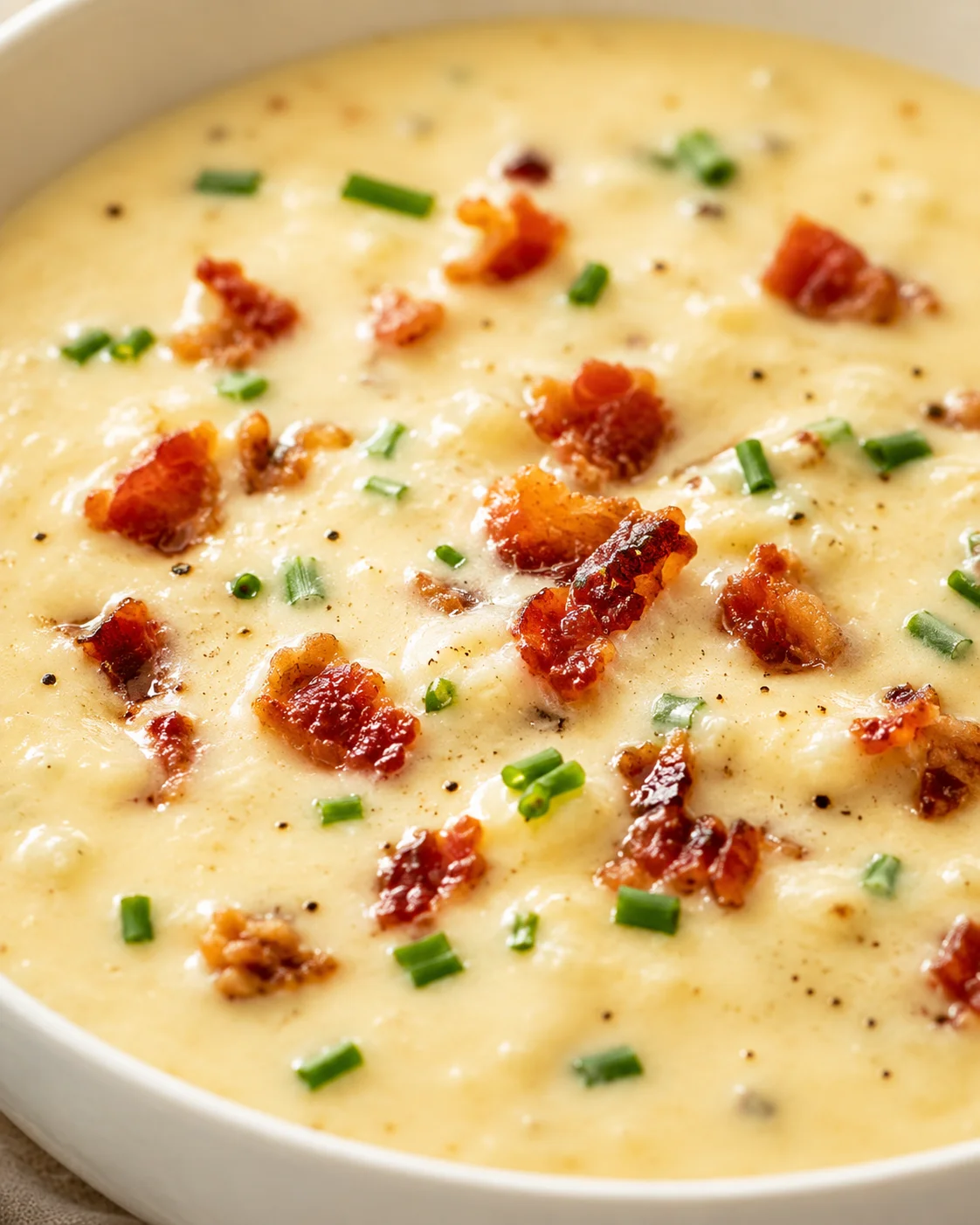 Extreme close-up of baked potato soup surface topped with bacon pieces and chopped chives.