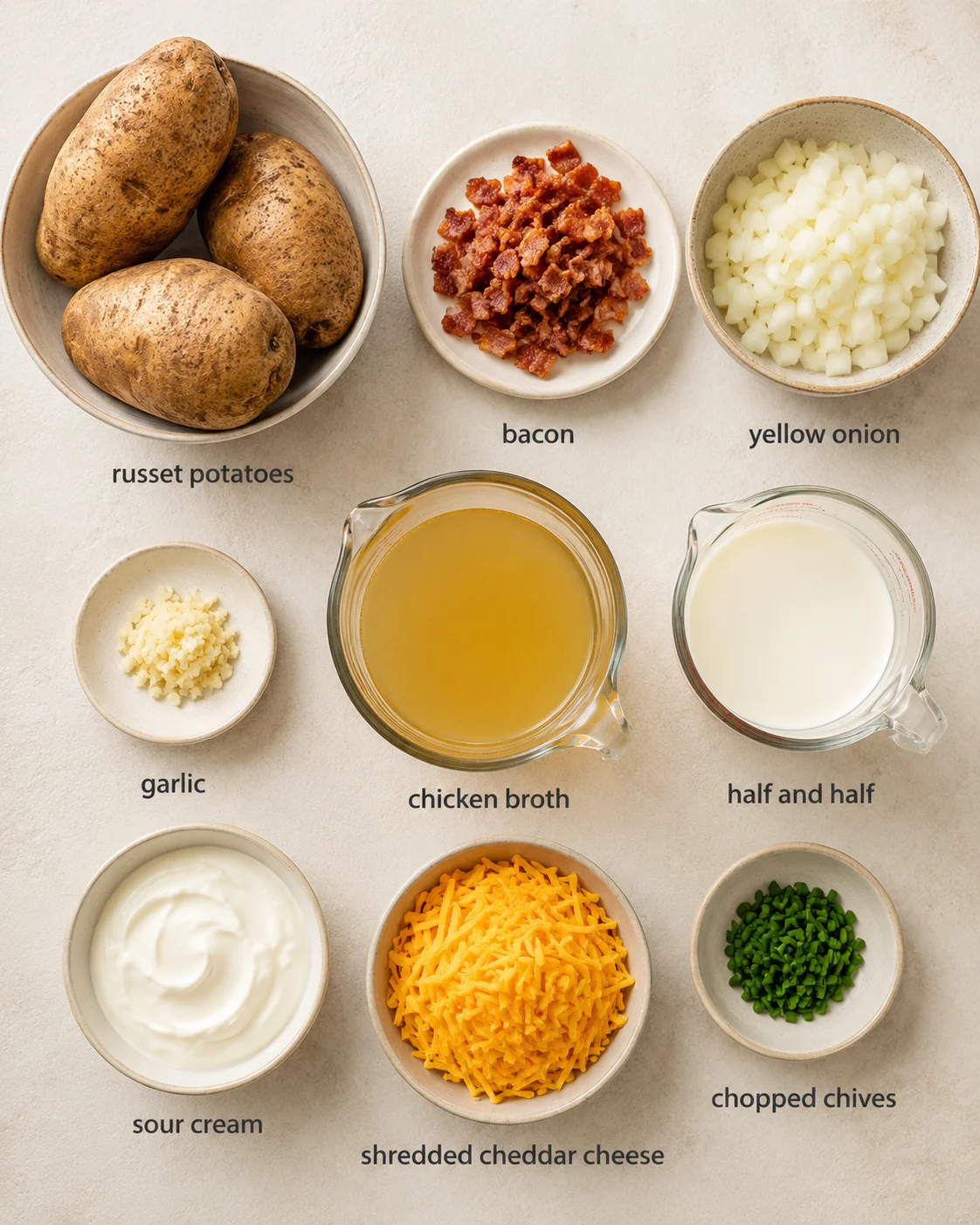 Top-down view of ingredients for baked potato soup: russet potatoes, bacon, diced onion, garlic, chicken broth, half-and-half, sour cream, shredded cheddar and,
