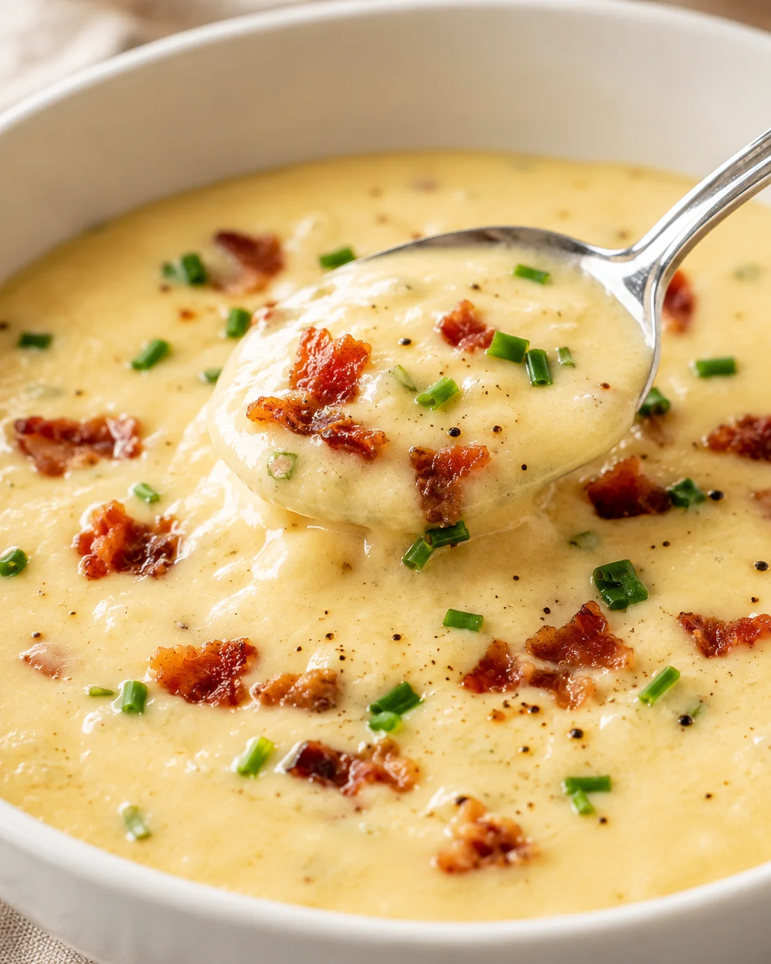 Baked potato soup in a bowl with a spoon lifting a creamy spoonful topped with bacon and chives.