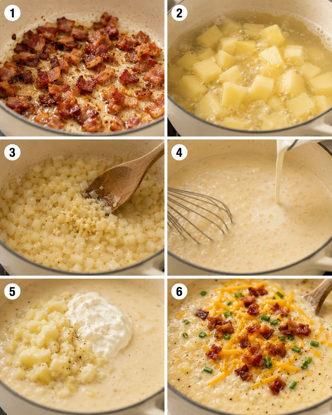 Six-panel collage showing cooking steps for baked potato soup: crisping bacon, boiling potatoes, sautéing onion and garlic, whisking in liquid, adding sourcream