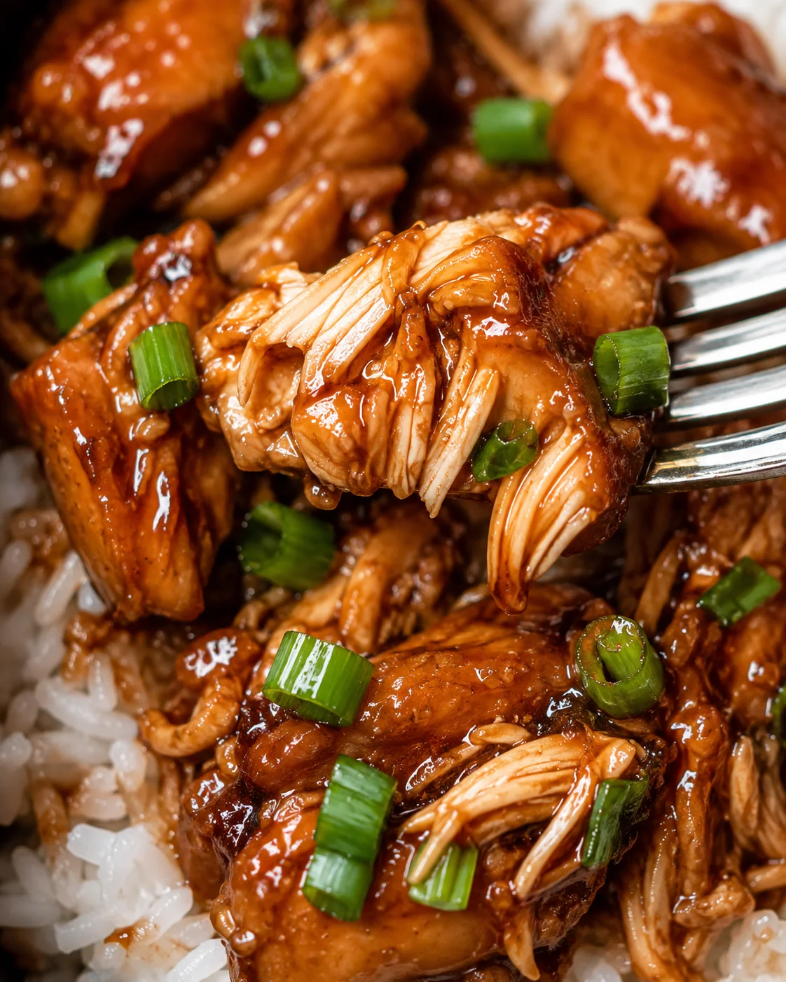 Forkful of shredded Crock Pot Bourbon Chicken showing tender strands and glossy sauce with green onion