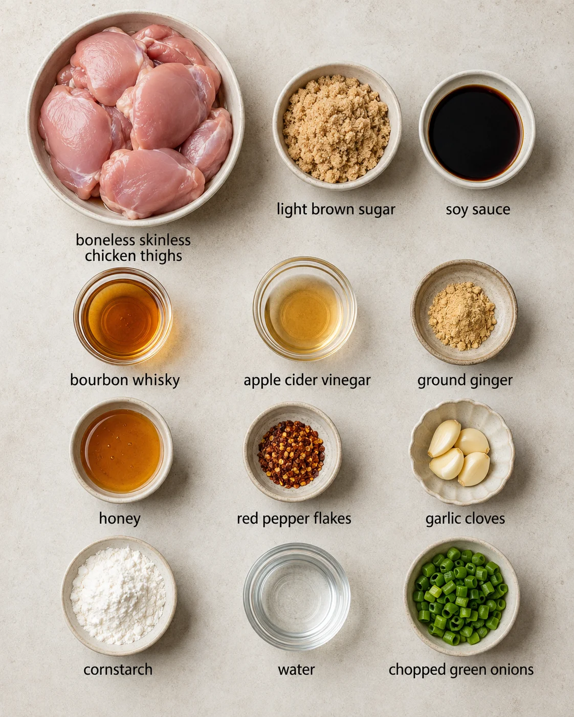 Top-down arrangement of ingredients for Crock Pot Bourbon Chicken in bowls, including chicken, brown sugar, soy sauce, bourbon, honey, garlic, cornstarch and ch