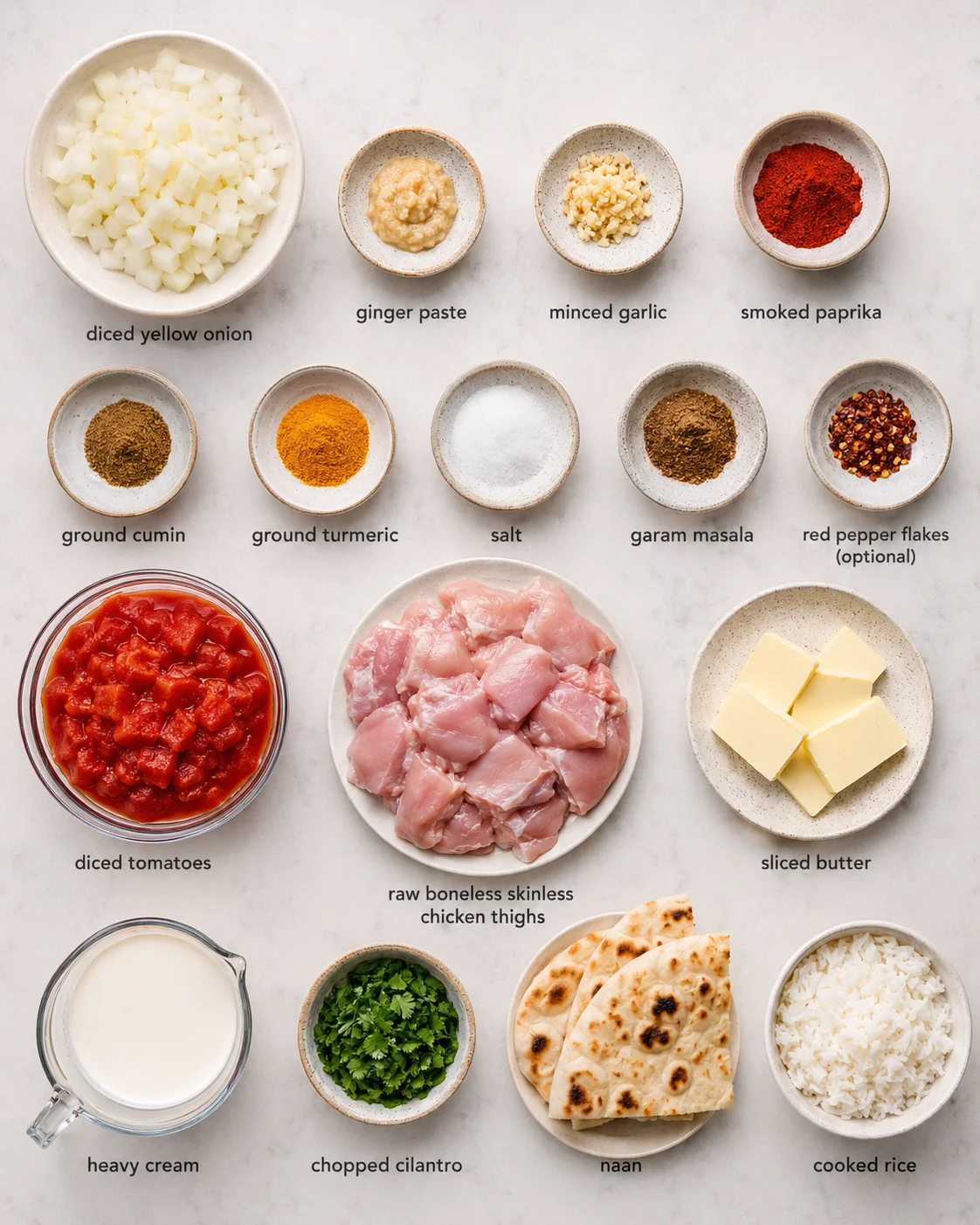 Top-down layout of ingredients for crockpot butter chicken including onions, spices, tomatoes, chicken, butter, cream and cilantro