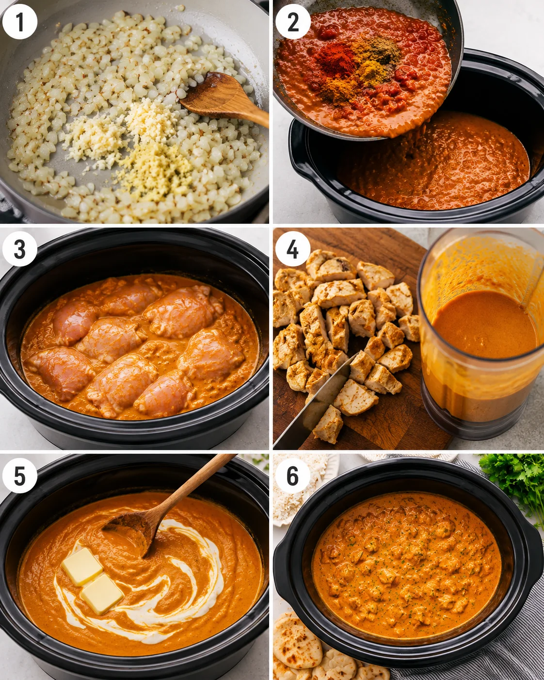 Collage of numbered preparation steps showing sautéed onions, sauce being added to the slow cooker, raw chicken in cooker, chopped chicken and blended sauce, sw