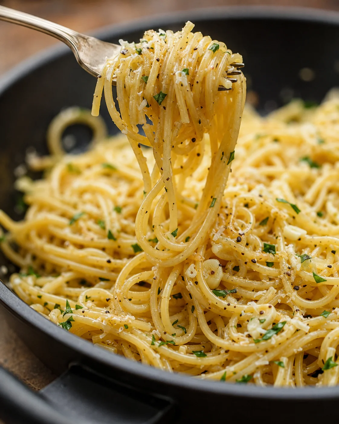 Close-up of garlic butter noodles garnished with herbs in a skillet.