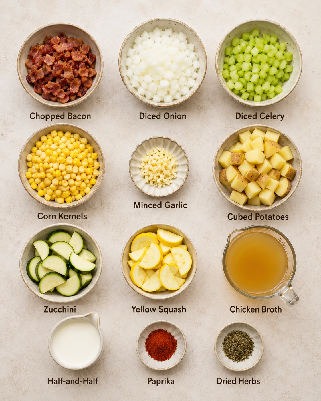 Fresh ingredients for creamy summer corn and zucchini chowder in bowls.