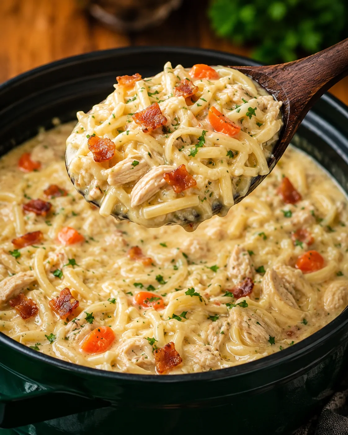 A hearty bowl of creamy chicken noodle soup with bacon and herbs.