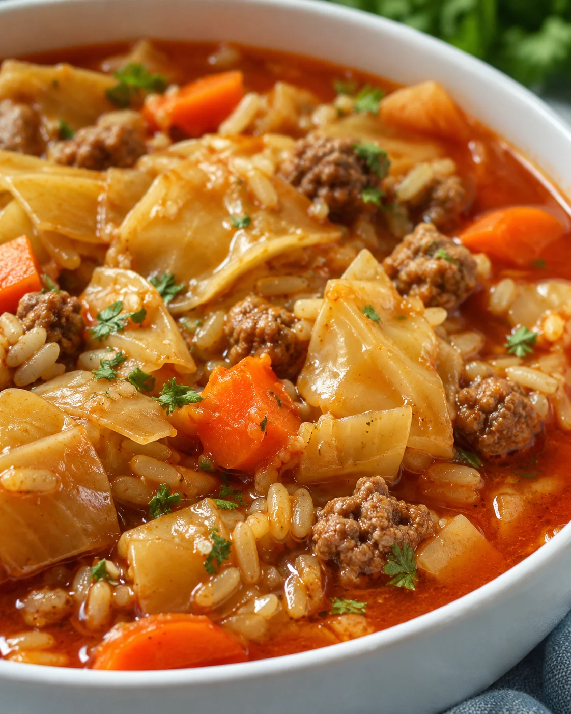 Bowl of cabbage roll soup with rice, carrots, cabbage, and ground beef