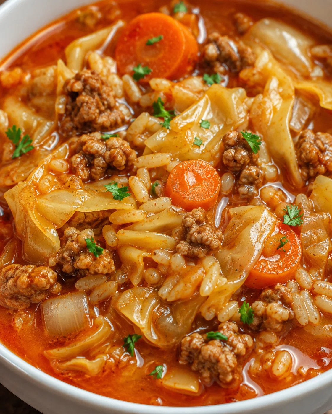 Close-up of cabbage roll soup showing rice, cabbage, carrots, and ground beef in tomato broth
