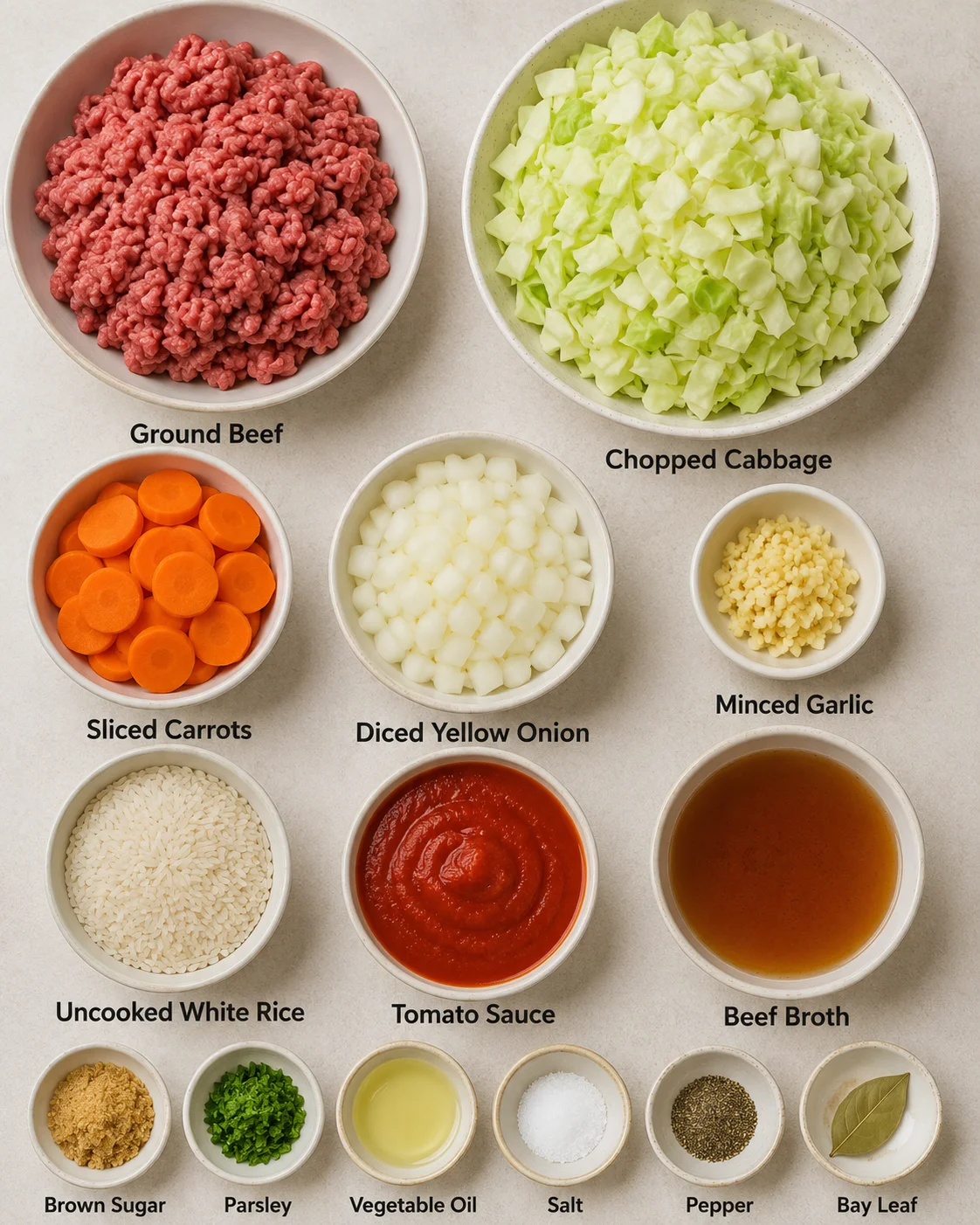 Top-down layout of chopped cabbage, ground beef, carrots, rice, tomato sauce, and other ingredients