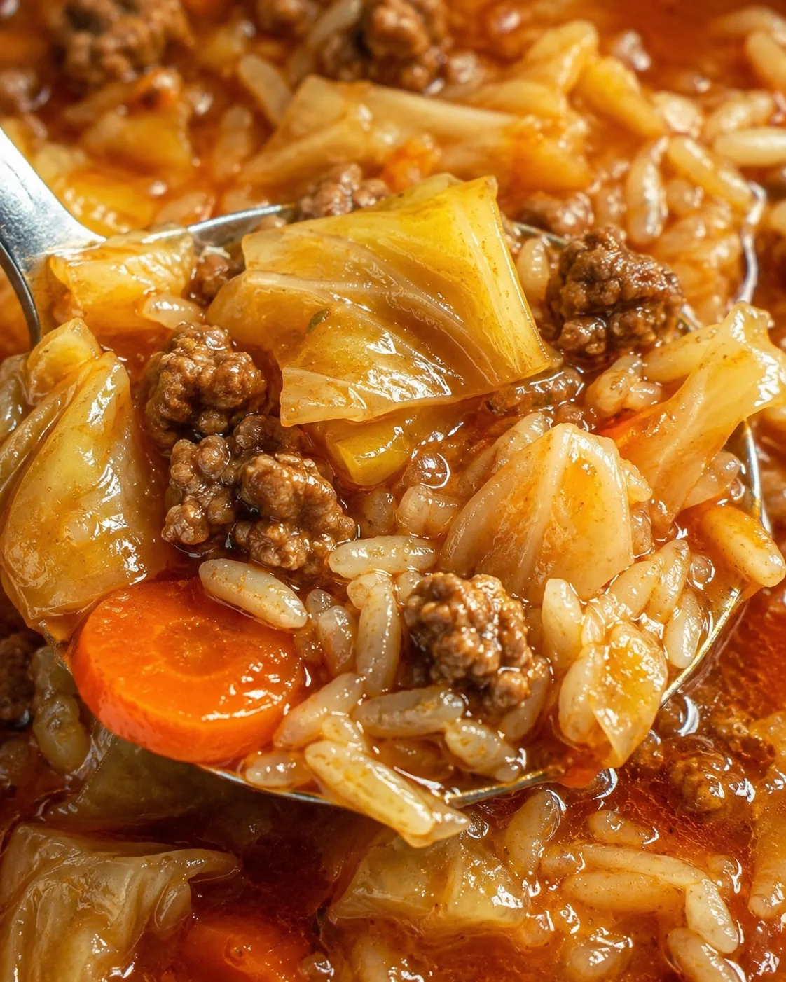 Spoon lifting a spoonful of cabbage roll soup with cabbage, rice, carrot, and beef