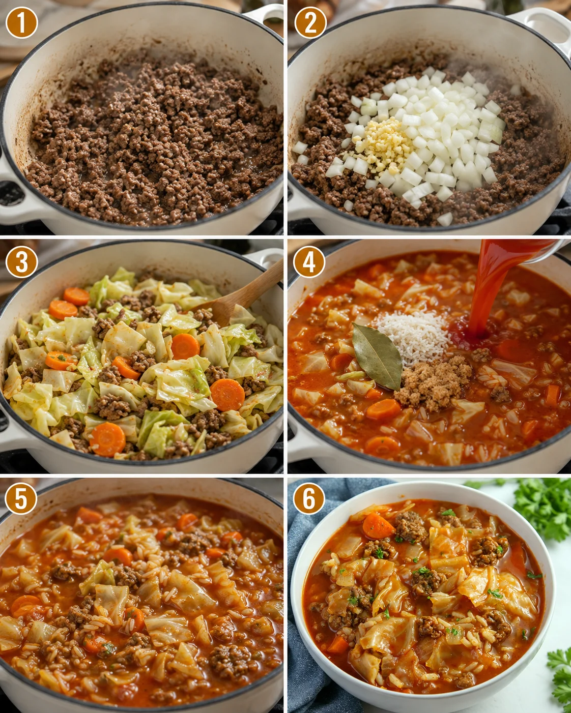 Six-panel collage showing step-by-step cooking process for cabbage roll soup