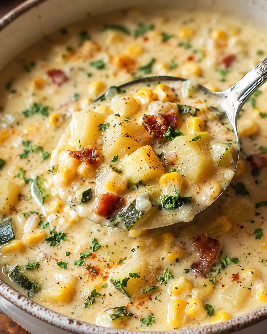 Creamy vegetable-packed chowder with corn, zucchini, and bacon, served in a bowl.