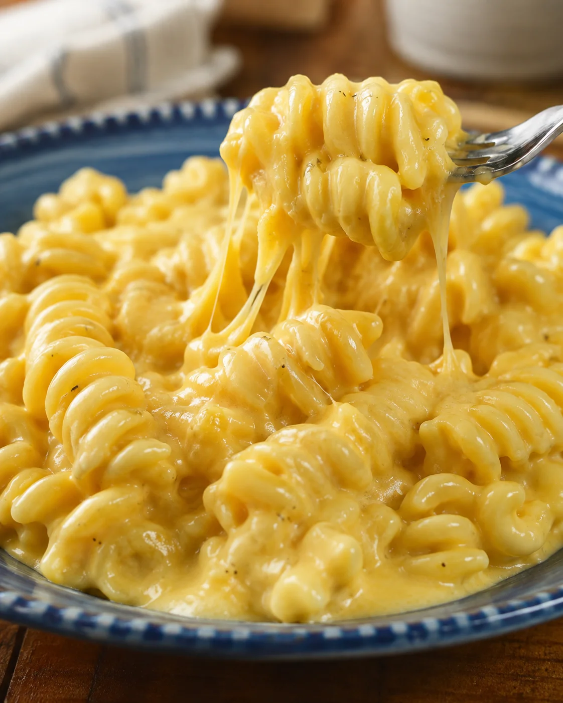 Fork lifting a cheesy crock pot rotini bite with a long cheese pull on a blue plate