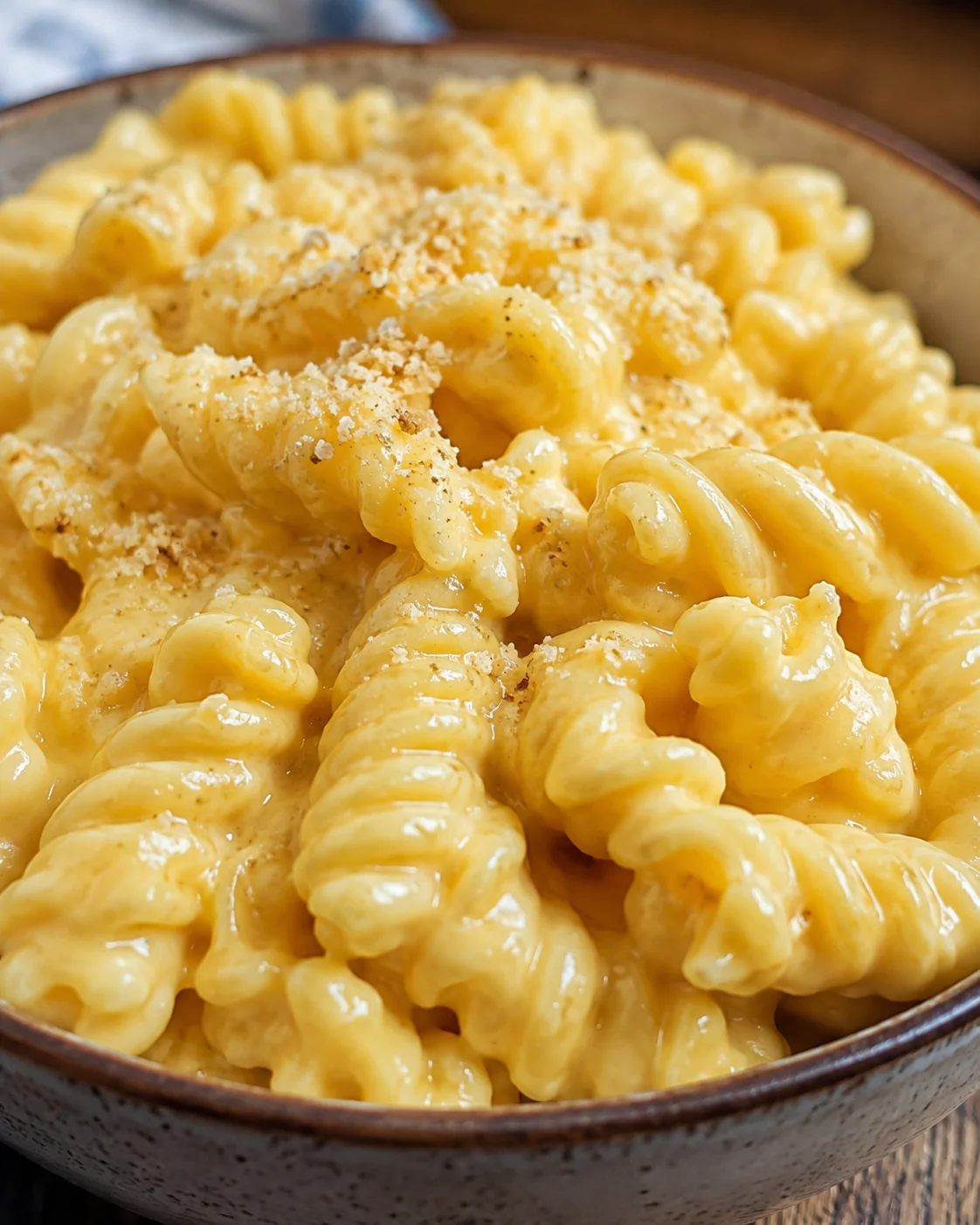 Close-up bowl of cheesy crock pot rotini coated in creamy cheese sauce with a sprinkle of breadcrumbs