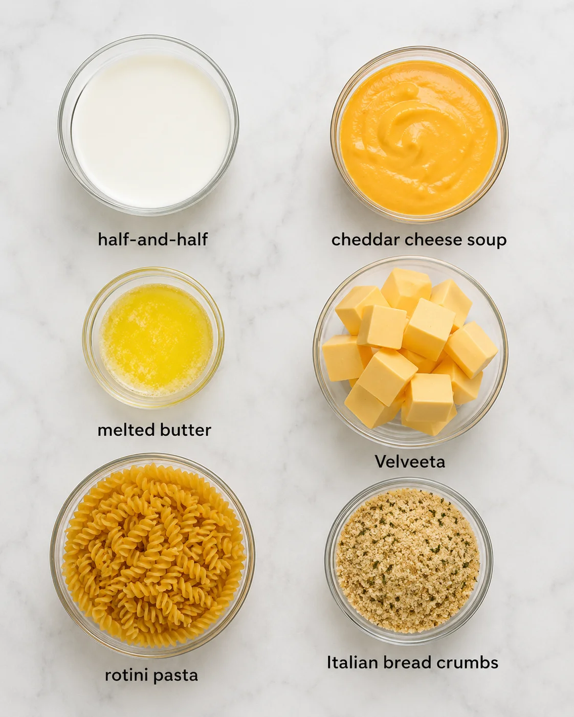 Top-down view of ingredients for cheesy crock pot rotini: half-and-half, cheddar soup, melted butter, cubed Velveeta, rotini pasta and breadcrumbs