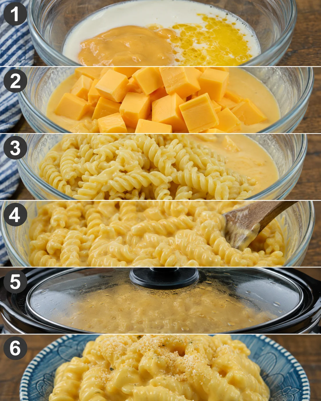 Collage of step photos showing sauce whisking, cubed Velveeta, added rotini, stirring, slow cooker covered, and plated rotini