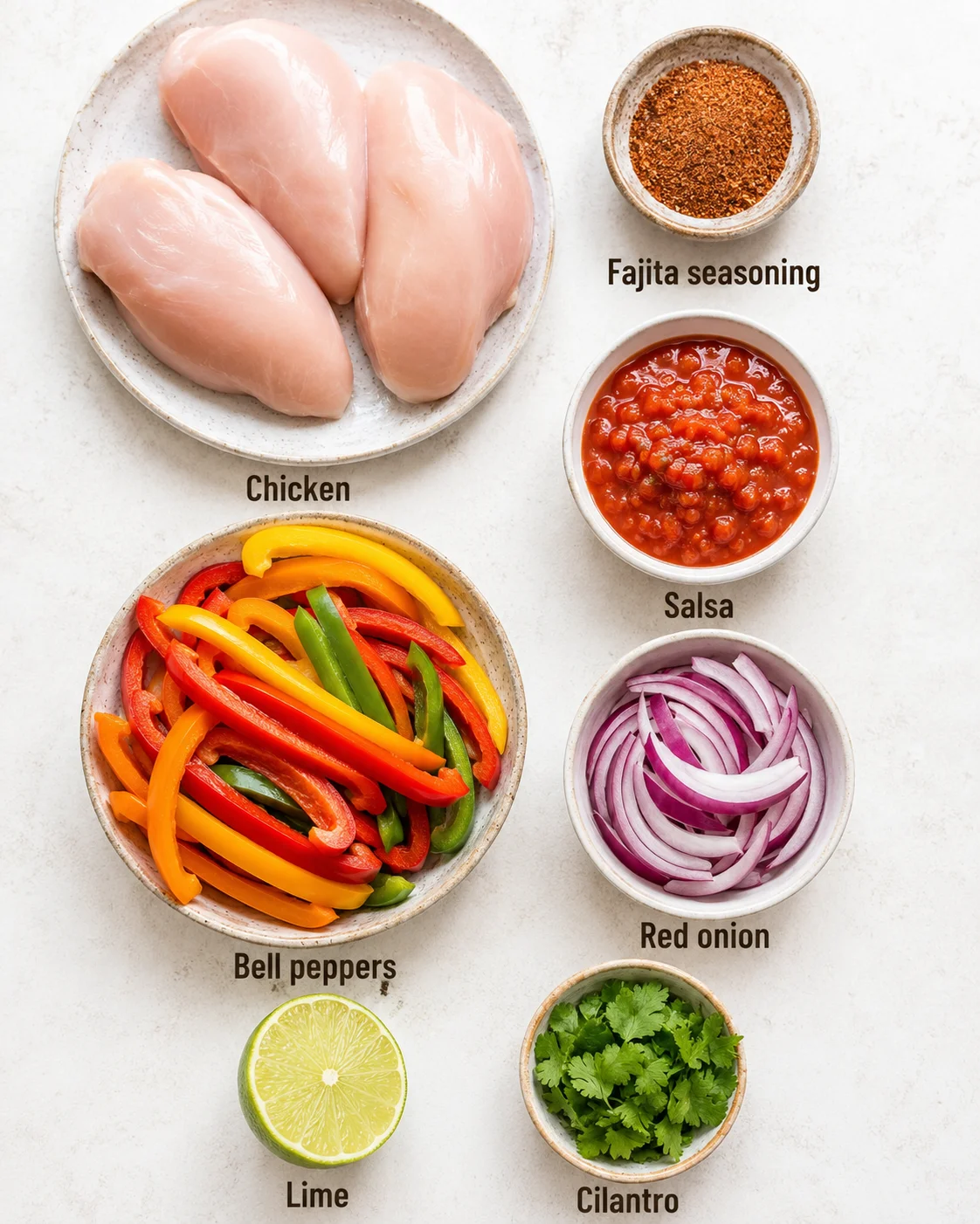Top-down layout of ingredients for crock pot chicken fajitas: raw chicken breasts, fajita seasoning, salsa, sliced bell peppers, red onion, lime and cilantro