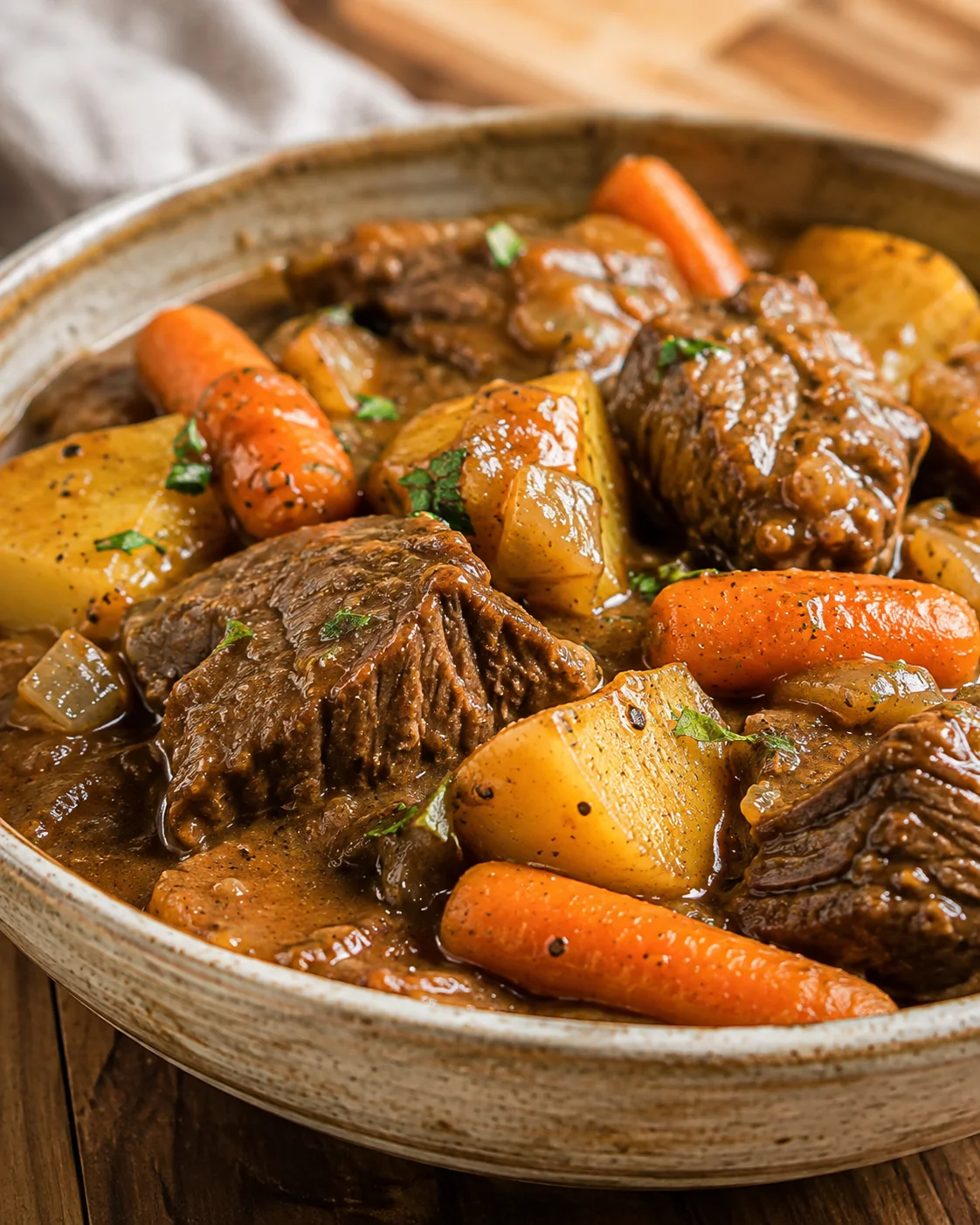 Bowl of crock pot beef stew with potatoes, carrots and chunks of beef