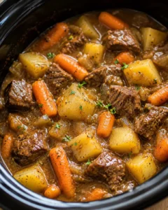 Crock pot beef stew with beef chunks, potatoes and baby carrots in a slow cooker
