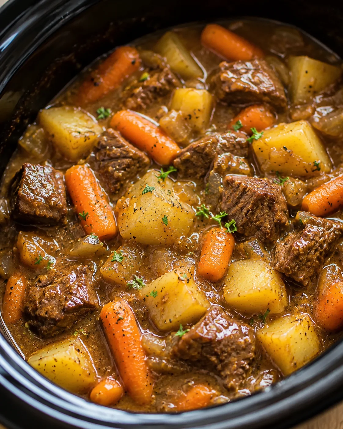 Crock pot beef stew with beef chunks, potatoes and baby carrots in a slow cooker