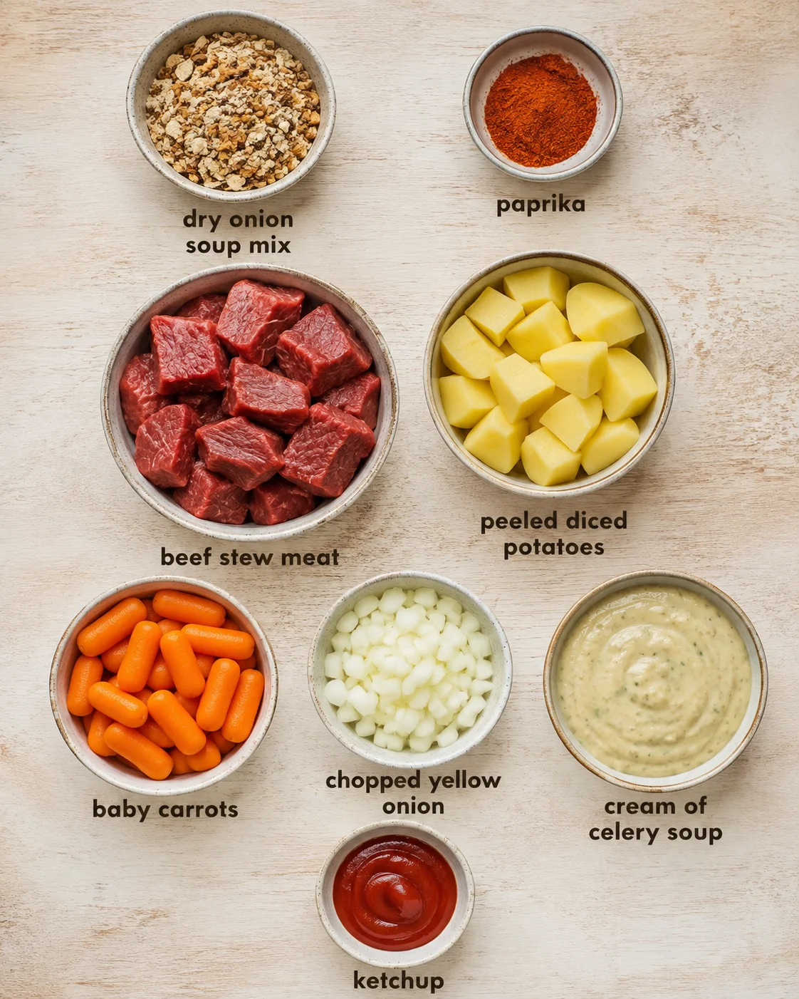 Top-down layout of ingredients for crock pot beef stew in small bowls