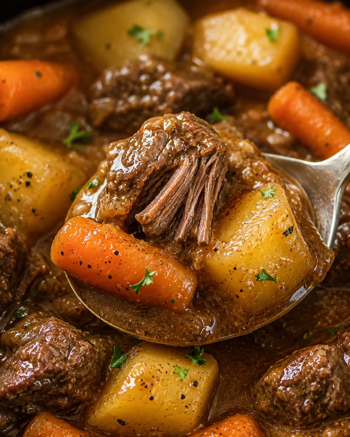 Spoon holding a spoonful of crock pot beef stew showing shredded beef, potato and carrot