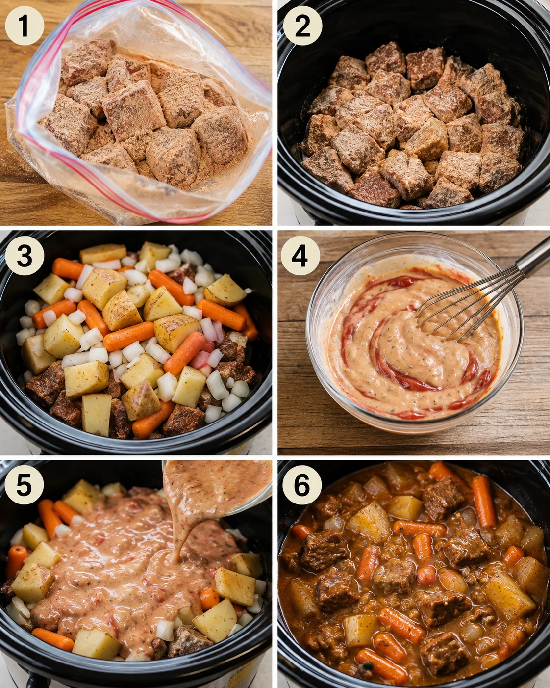 Six-panel collage showing step-by-step prep and cooking of crock pot beef stew