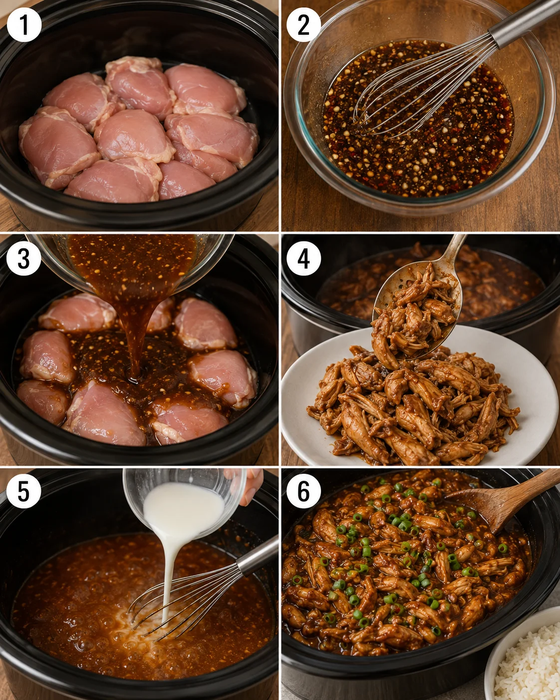 Six-panel step-by-step photos showing raw chicken in slow cooker, whisked sauce, pouring sauce, shredded chicken, cornstarch slurry being added, and finished in